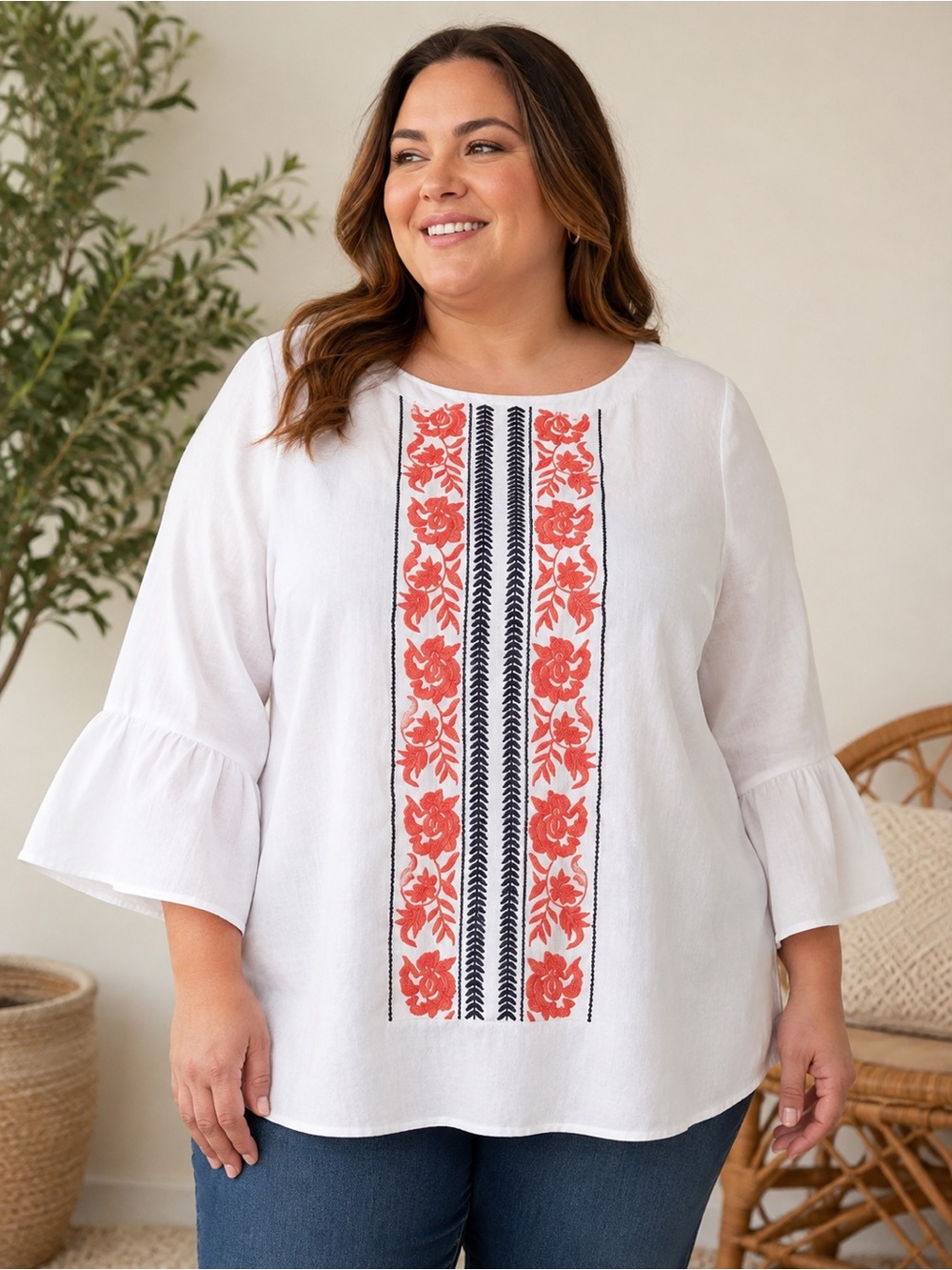 Charter Club 2X Linen Cotton Embroidered Tunic Top White Coral Plus Size